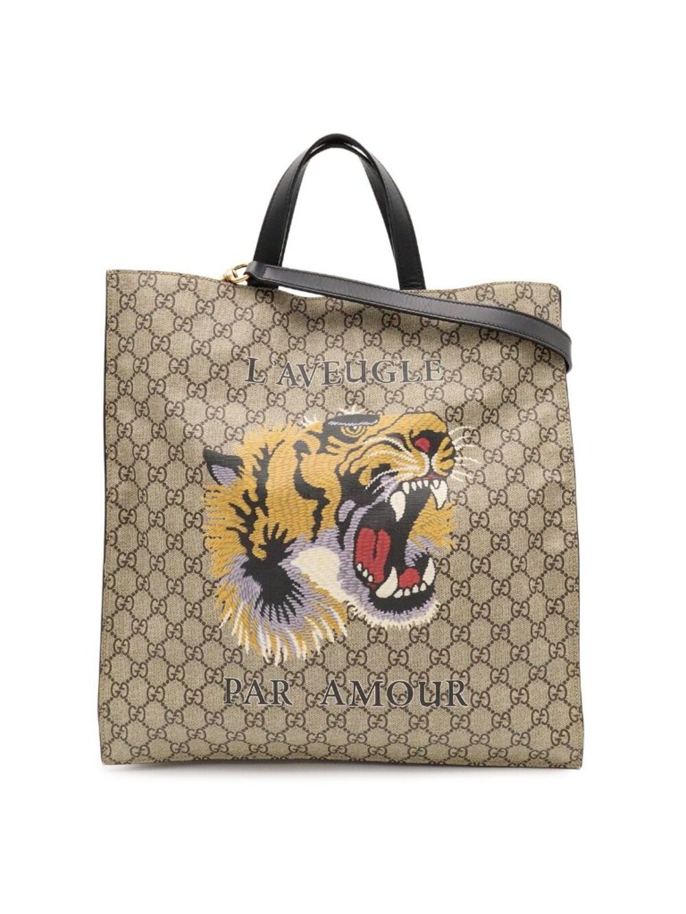 Gucci GG Supreme Tiger Tote 2-Way Shoulder Bag Leather Khaki Beige Black